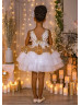 Gold Sequin Ivory Lace V Back Short Flower Girl Dress